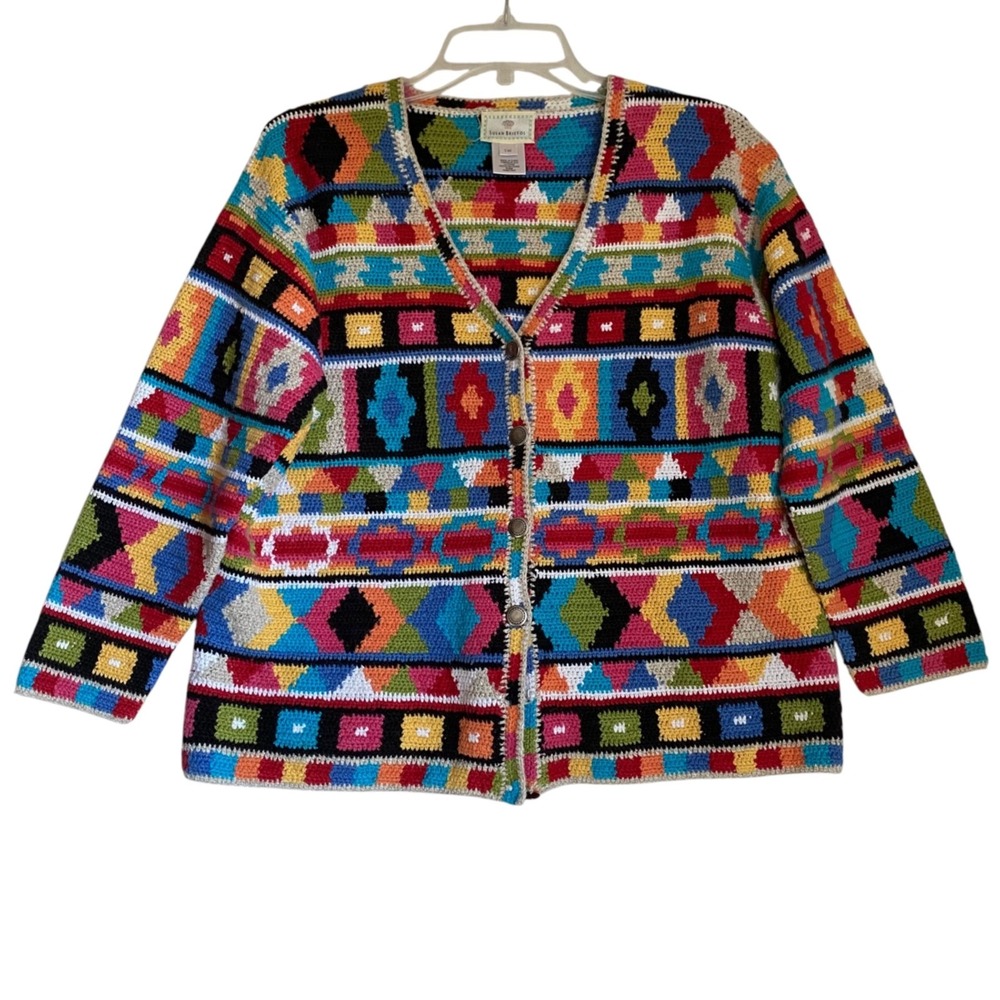 Susan Bristol Hand Knit Cardigan Sz 1X  Multicolor Southwestern Boho Chic
